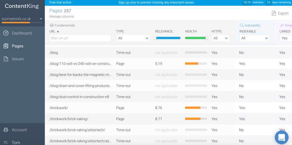 ContentKing Pages View